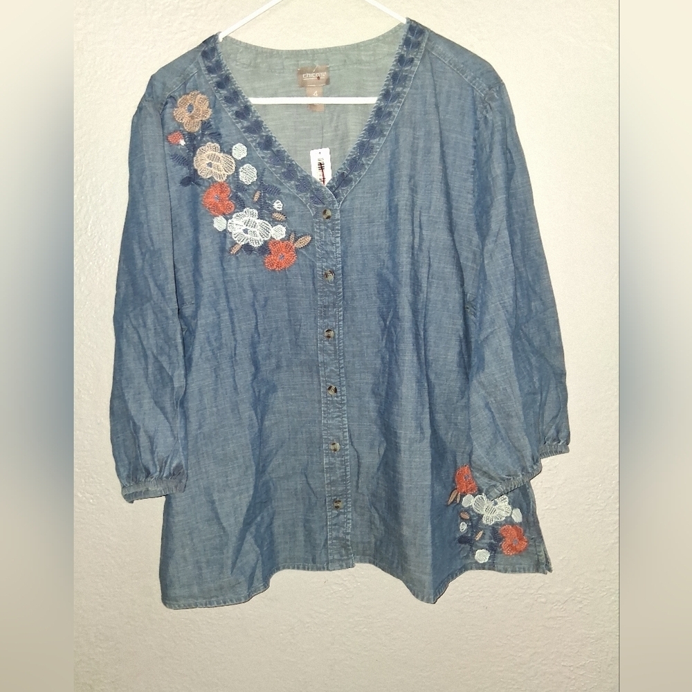 Chico's NWT Chambray Embroidered Flowers 100% Cotton Button Down 3/4 Sleeve4/XXL